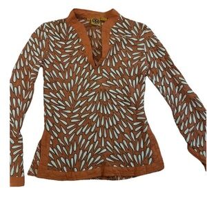 Tory Burch Rust and Aqua Long-Sleeve Patterned Tunic